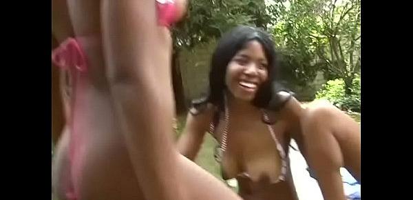  Three perfect black sluts lick twats and masturbate  near by the pool